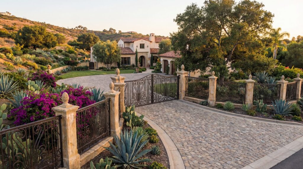 Custom modern black wrought iron gate with natural stone pillars and privacy fencing in a Rancho Santa Fe estate.