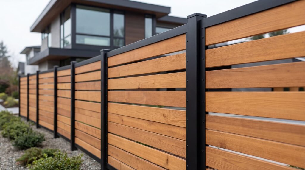 Modern horizontal cedar wood privacy fence with black aluminum posts in Del Mar, San Diego.