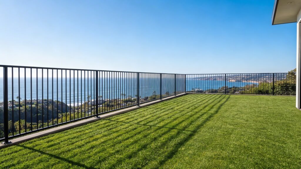 Wide angle photo of a luxury La Jolla rooftop patio featuring a heavy-duty black wrought iron view-fence secured on a retaining wall, preserving a breathtaking ocean and coastal skyline view under a clear San Diego sky.