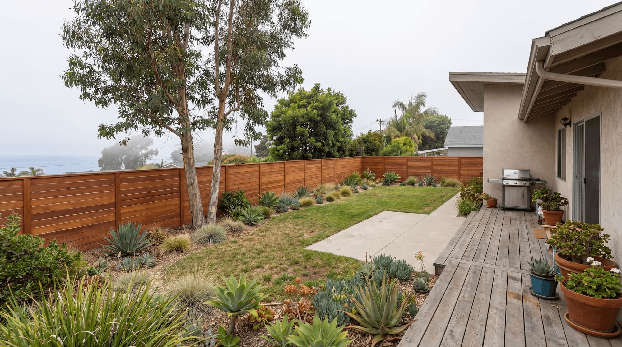 A luxury horizontal clear-grade redwood privacy fence with a rich honey-toned stain, securing a coastal backyard with drought-tolerant landscaping and an ocean view.