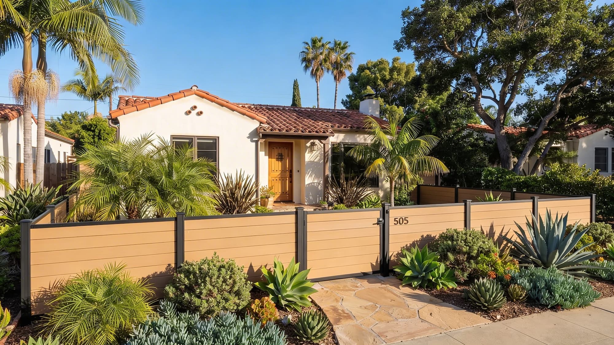 A modern Trex composite horizontal fence with black aluminum framing and a matching pedestrian gate, enclosing a front yard with drought-tolerant succulents and a Spanish-style home.