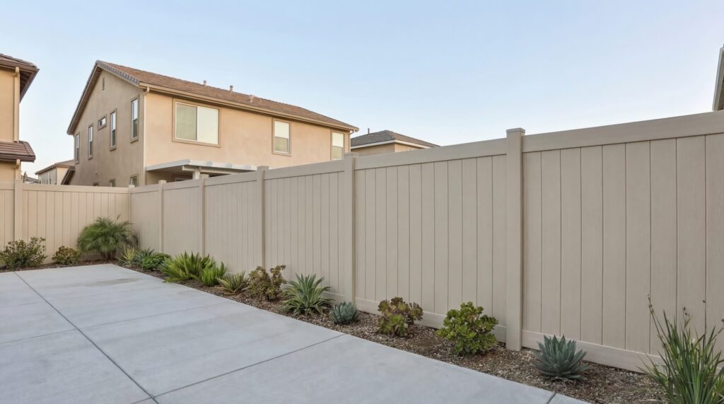 A residential backyard perimeter in Poway featuring a tall, beige vinyl privacy fence with vertical pickets, surrounding a smooth concrete patio