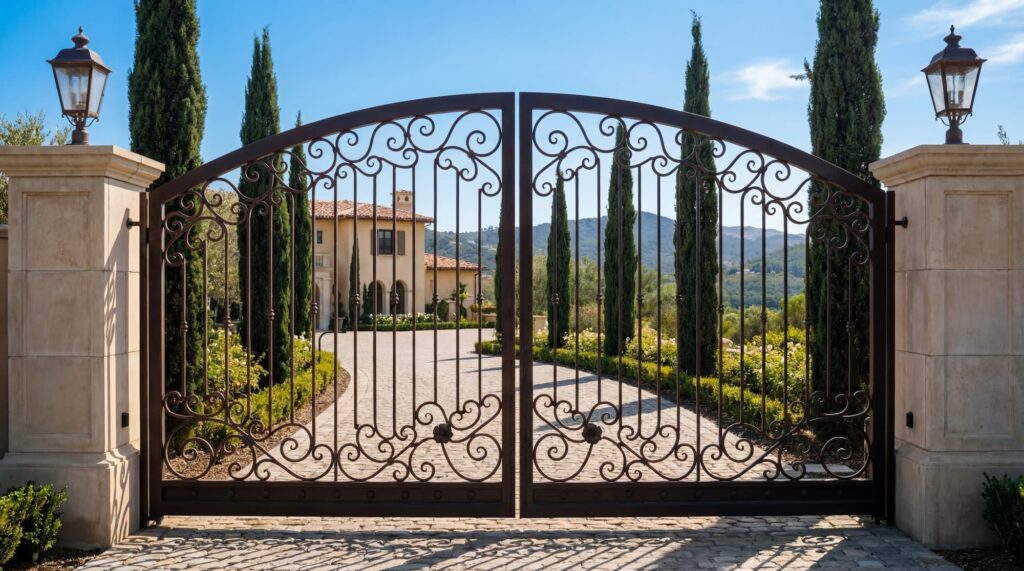Custom modern automatic driveway gate with Vertical Wrought Iron design and matching stone pillars in Rancho Santa Fe.