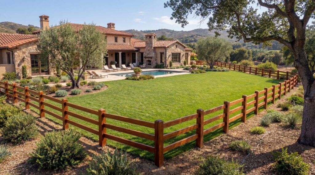 Custom clear-grade redwood privacy fence with horizontal plank design for large Rancho Sante Fe estate boundary.