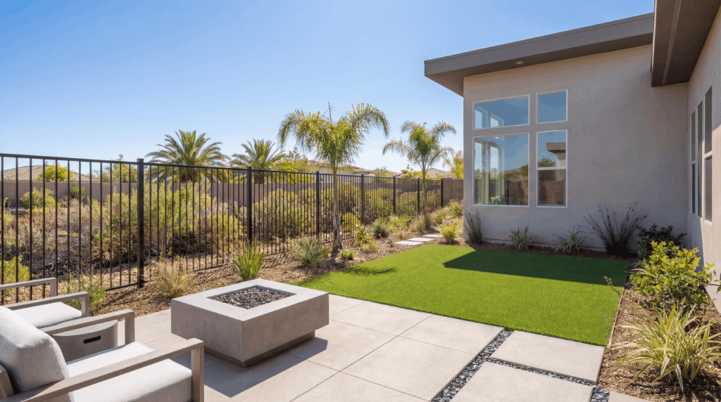 A sleek black aluminum flat-top perimeter fence securing a modern San Marcos backyard with drought-tolerant landscaping and a view of rolling hills.