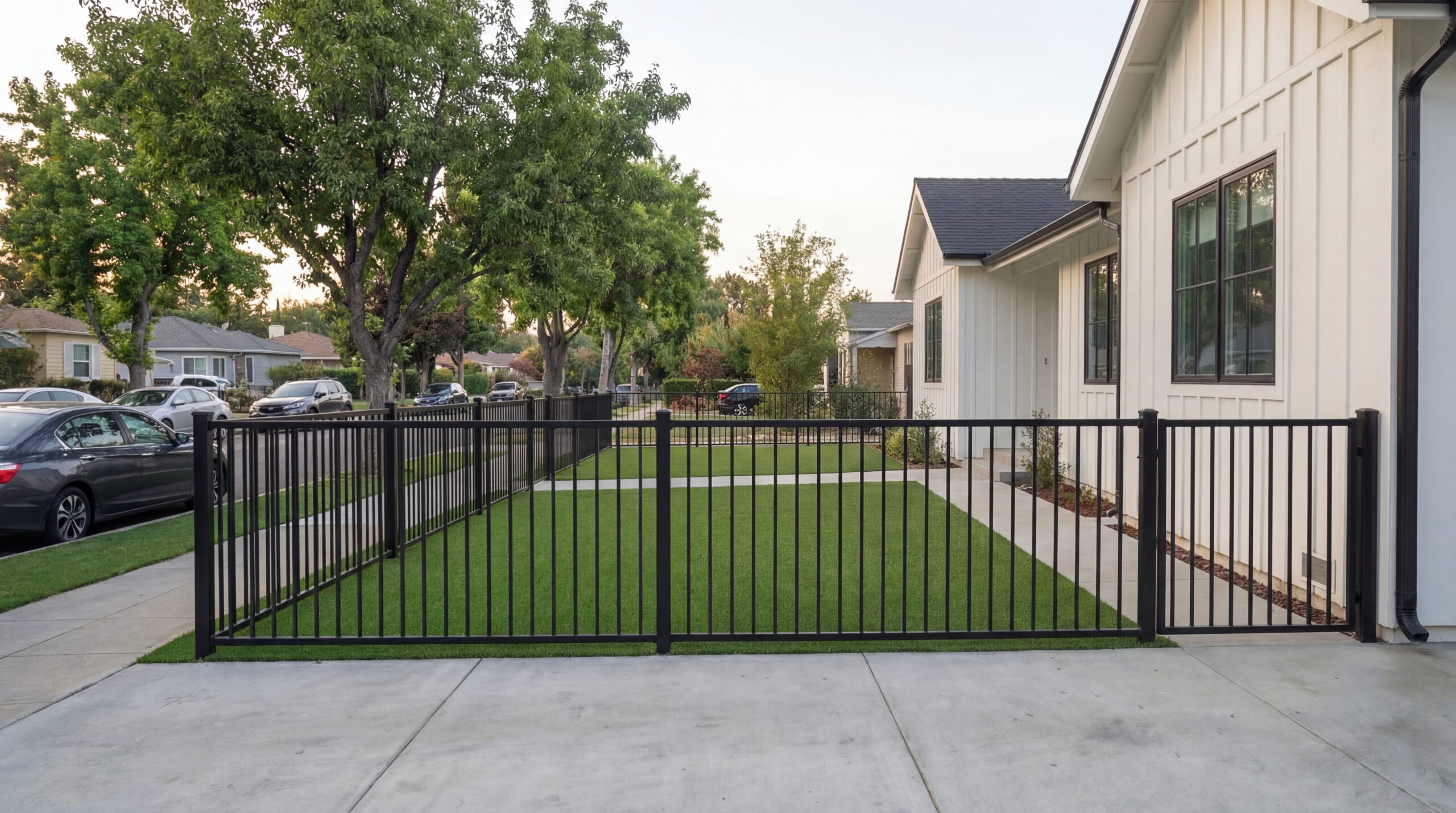 A sleek black aluminum flat-top perimeter fence enclosing a modern front yard with artificial turf, bordering a white board-and-batten home in a suburban neighborhood.