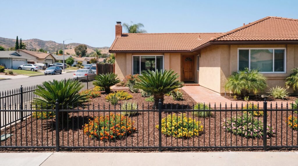 A black wrought iron fence with decorative finials encloses a landscaped front yard of a single-story stucco home with a terracotta tile roof in University City.