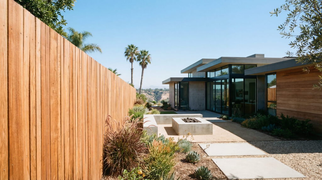 Vertical Redwood privacy fence installation in San Diego.