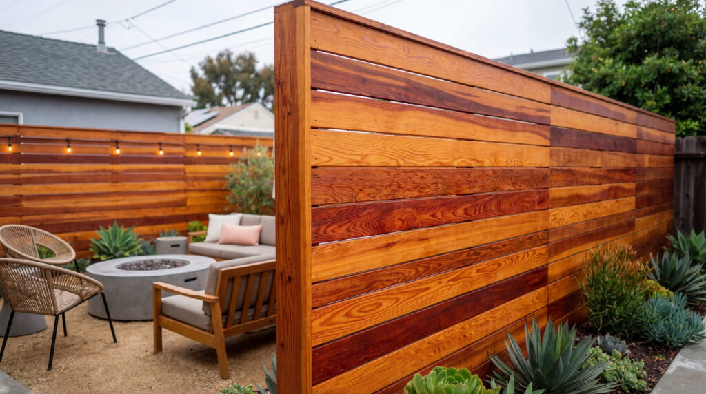 Modern horizontal wood slat fence with designer staining.