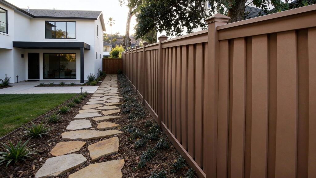 Tall brown Trex/Composite vertical privacy fence alongside a flagstone walkway in a modern backyard.