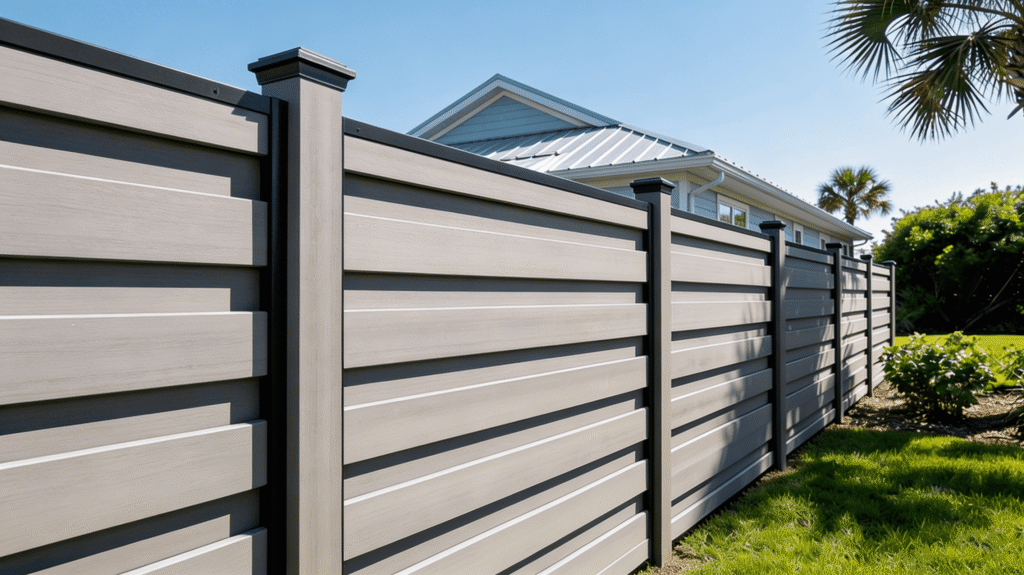 Grey Trex/Composite horizontal slat fence with decorative post caps bordering a modern home.