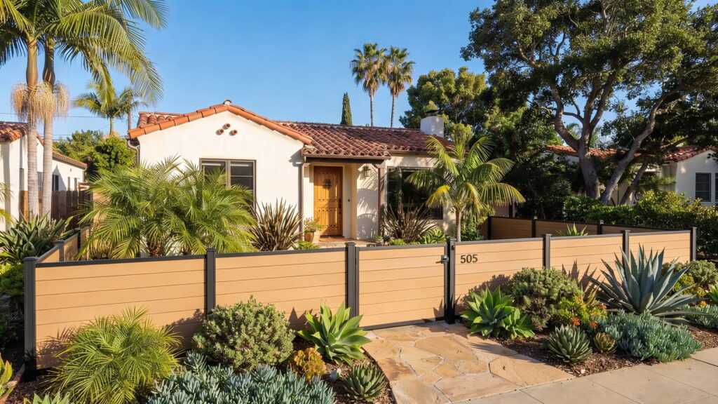 Tan Trex/Composite horizontal fence with black metal posts in front of a white Spanish-style bungalow in San Diego.