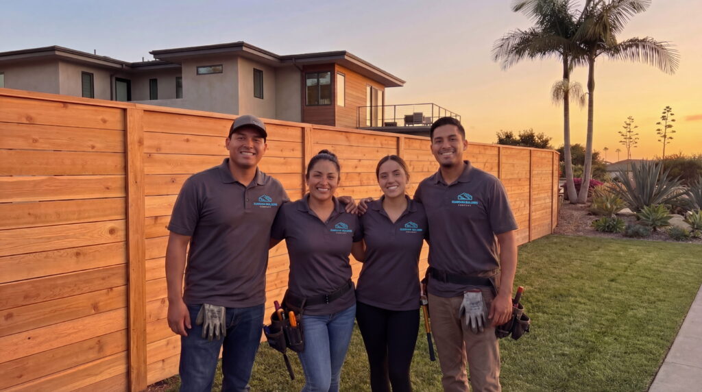 Wide angle photo of a professional, smiling San Diego fencing contractor team in branded uniforms standing in front of a flawless modern horizontal cedar wood fence at a luxury home during golden hour.
