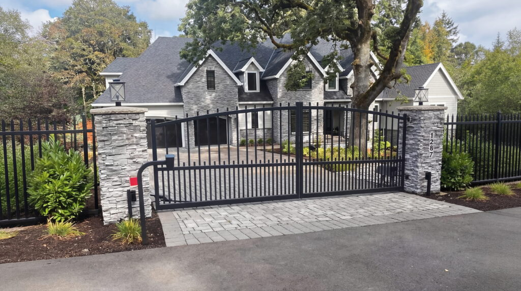 Wide angle photo of a luxury automated wrought iron driveway gate system with stacked stone pillars and lantern lights, professionally installed for a premium San Diego home under a bright sky.