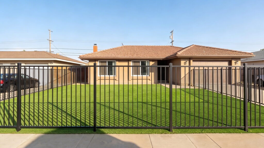 Wide angle photo of a modern San Diego suburban home with a newly installed horizontal slat Trex privacy fence, concrete driveway, lush artificial grass, and mature palm trees under a bright blue sky.
