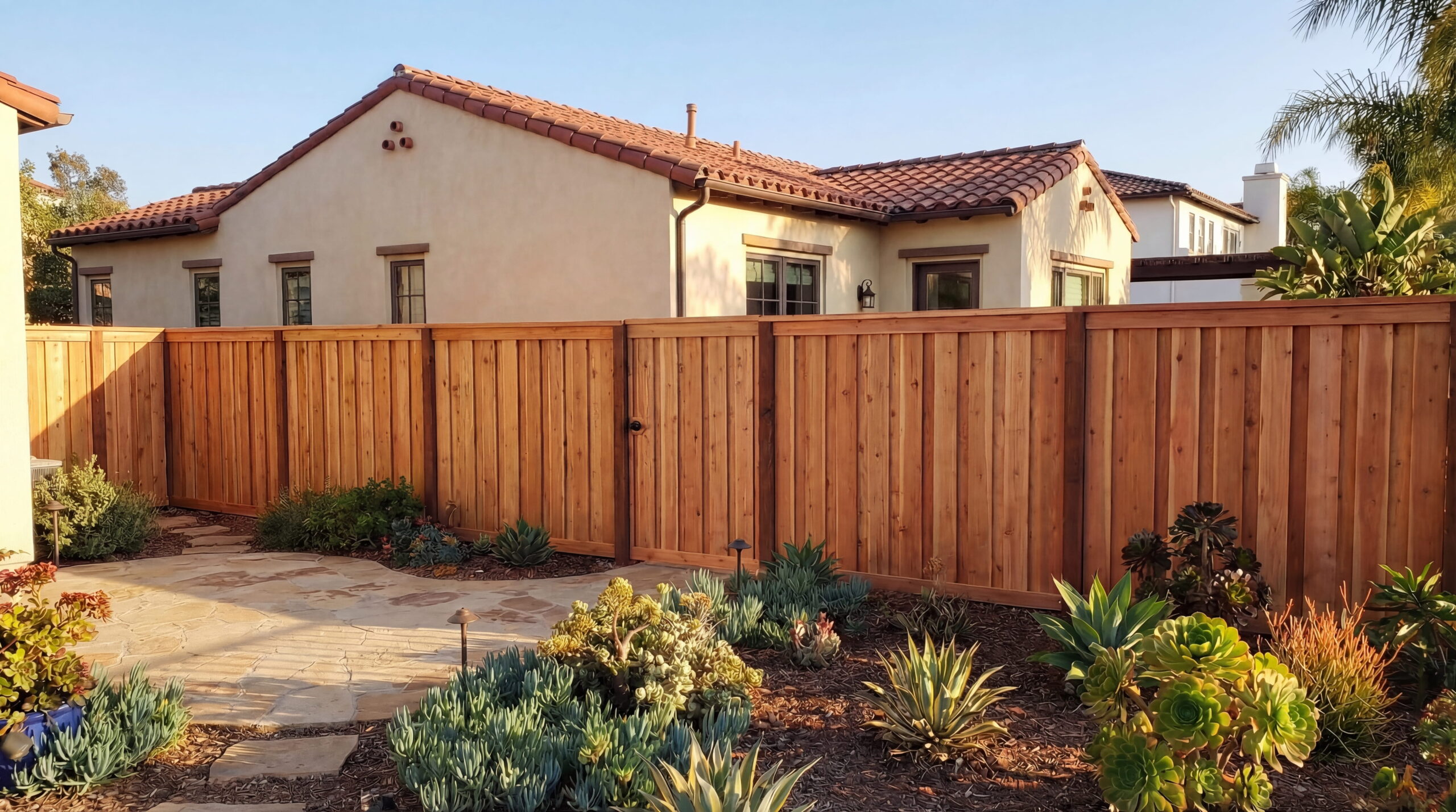 Wide angle photo of a traditional San Diego backyard during golden hour, featuring a newly installed cedar wood privacy fence and gate, a flagstone patio, and mature native landscaping with succulents and a Spanish tile roof.