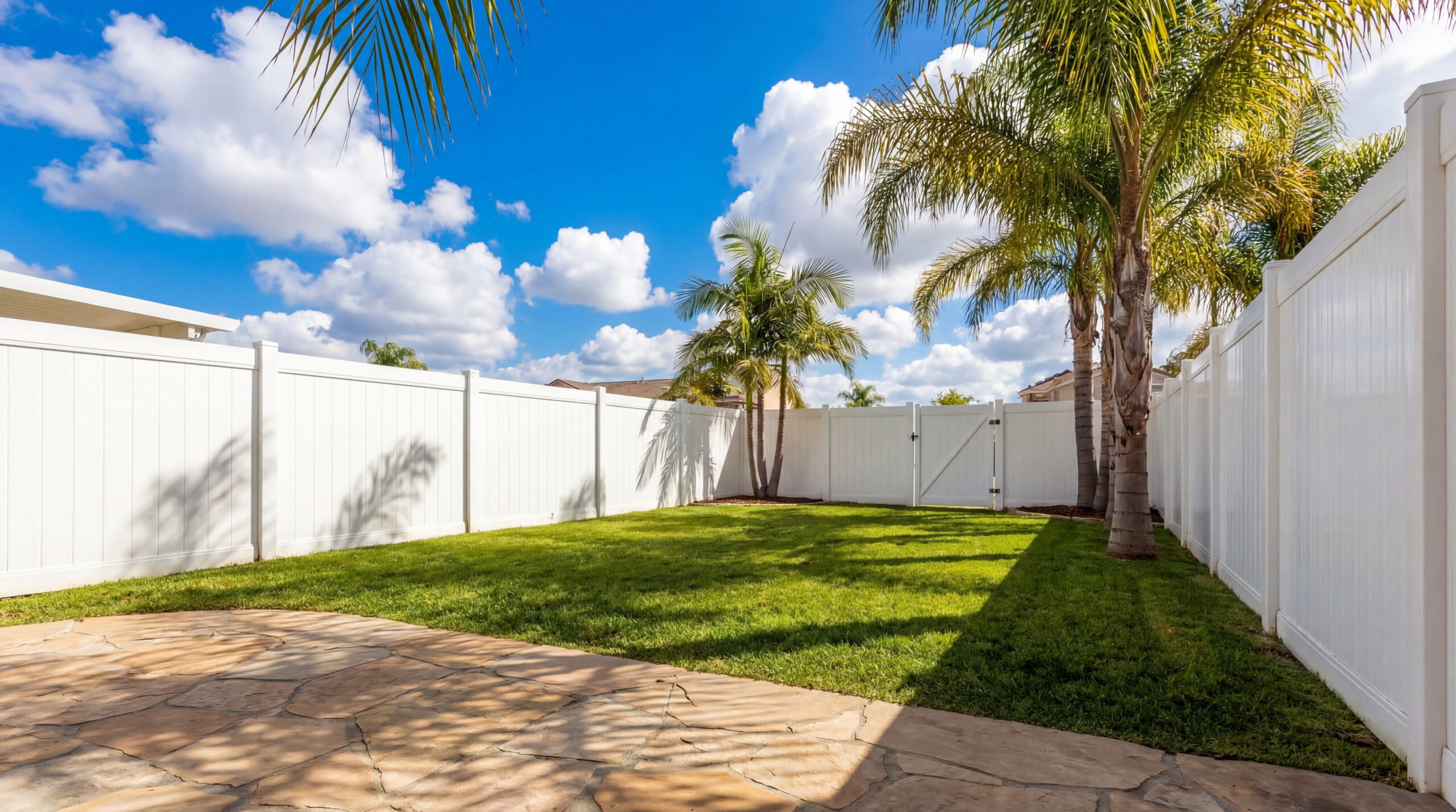 Wide angle photo of a private backyard featuring a perfectly level, newly installed white vinyl privacy fence, manicured green grass, and mature palm trees under a bright San Diego sky.
